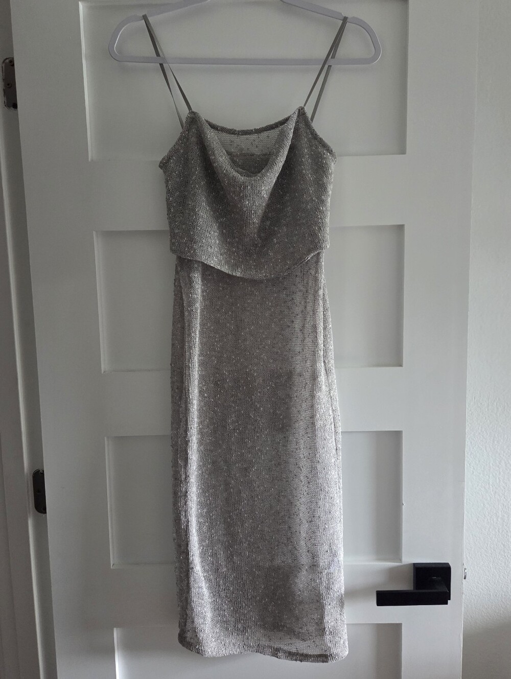 ZARA Silver Fringed Knit Slip Dress with Cowl Neck NWT